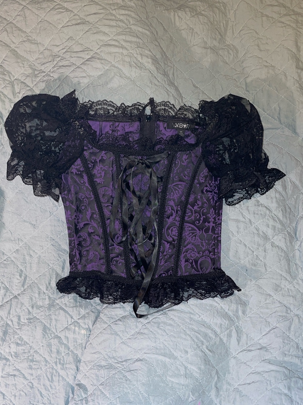 Purple Brocade Lace-Up Corset Crop Top with Black Lace Trim